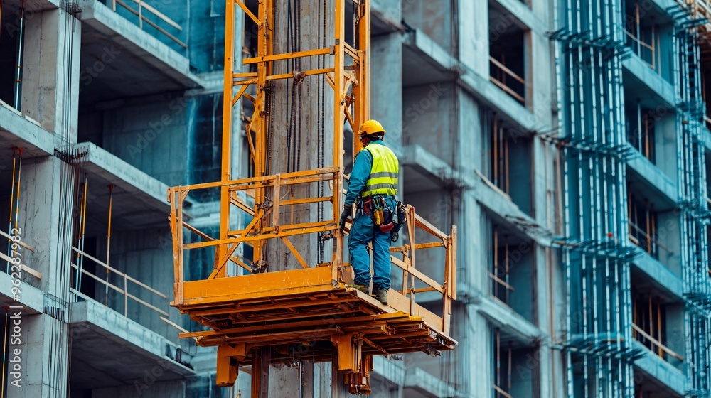 A construction worker in a hard hat operating a crane at a busy building site, copy space A construction worker in a hard hat operating a crane at a busy building site, copy space