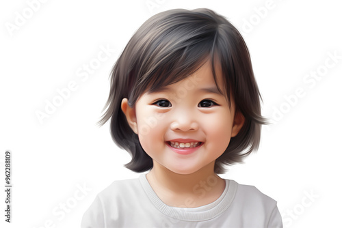 Young asian girl smiling on transparent background. PNG cut out. Vector. Childhood themes. Asian girl. China girl. Japan girl. Asian country. Image for graphic designer. Image for flyers.