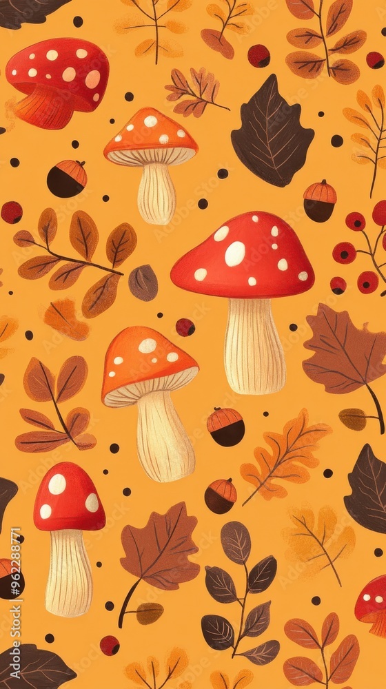 Charming autumn pattern with red mushrooms and colorful fall leaves on a warm background, featuring acorns and seasonal motifs for cozy seasonal projects and designs Charming autumn pattern with red mushrooms and colorful fall leaves on a warm background, featuring acorns and seasonal motifs for cozy seasonal projects and designs