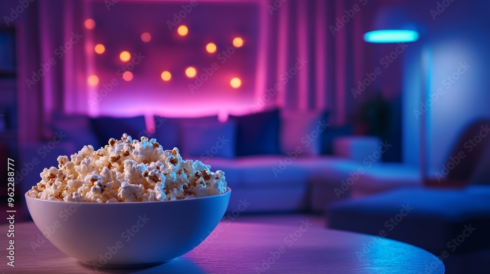 Focus on bowl of popcorn on table with neon illuminated home theater apartment in blurry background. Salty snack prepared for upcoming movie night in cozy RGB lit living room Focus on bowl of popcorn on table with neon illuminated home theater apartment in blurry background. Salty snack prepared for upcoming movie night in cozy RGB lit living room