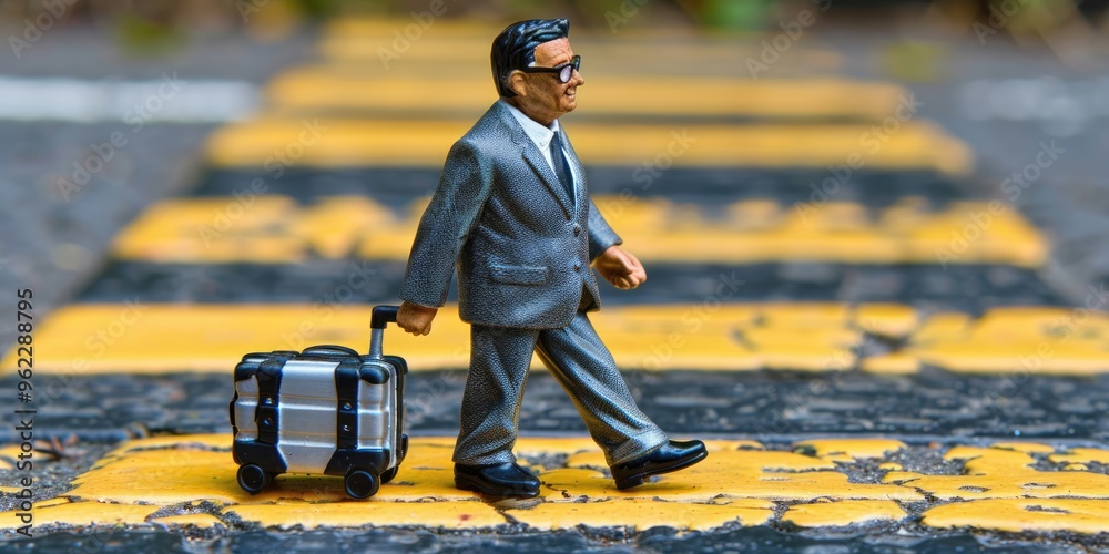 Obraz premium A businessman rolls a suitcase along a faded yellow crosswalk on an urban street