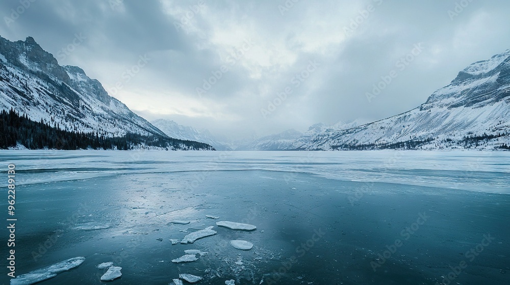 Fototapeta premium Snow-surrounded water body with distant ice-covered mountains and nearby ice floes