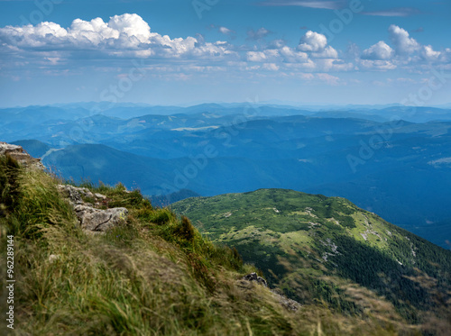 landscape of mountains and aerial perspective from Mount Pip Ivan, and alpine...