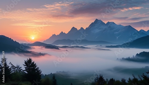 Stunning foggy mountain ranges at dawn.