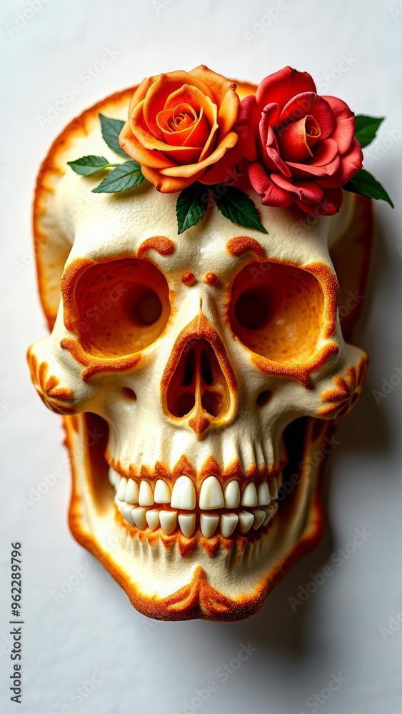 A skull with orange flowers painted on it. day of the dead sugar skulls A skull with orange flowers painted on it. day of the dead sugar skulls