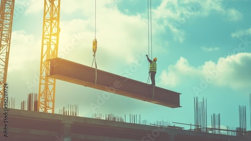 onstruction worker in a hard hat operating a crane at a busy building site, copy space   photo