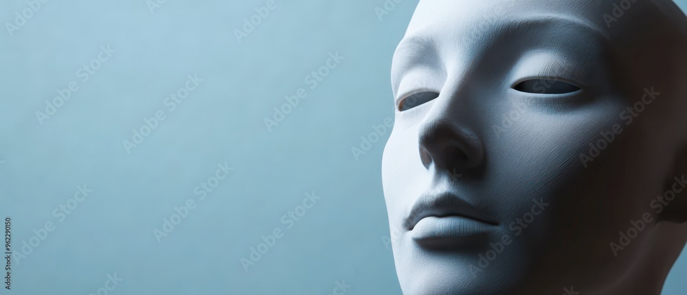Realistic mannequin head against a soft blue background showcasing detail Realistic mannequin head against a soft blue background showcasing detail