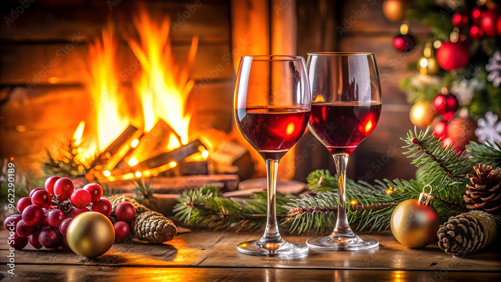 Two glasses of red wine in front of fireplace with christmas decoration Two glasses of red wine in front of fireplace with christmas decoration