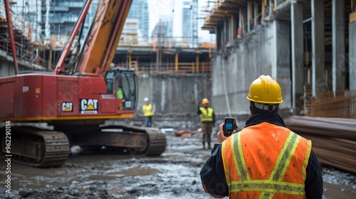 onstruction worker in a hard hat operating a crane at a busy building site, copy space  