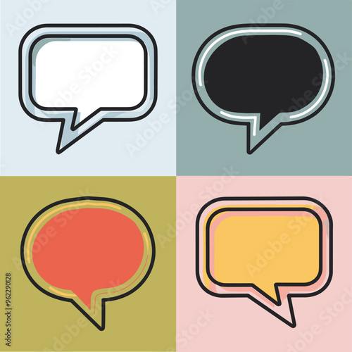 Four colorful speech bubbles in various shapes and colors on a grid background.