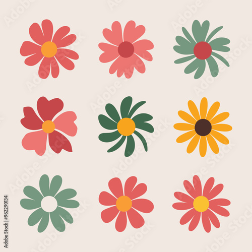 A colorful grid of various stylized flower illustrations on a light background.