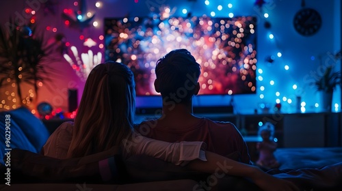 Couple Watching Fireworks Display on Television Cozy Home Atmosphere Romantic Evening Celebration. AI Generated