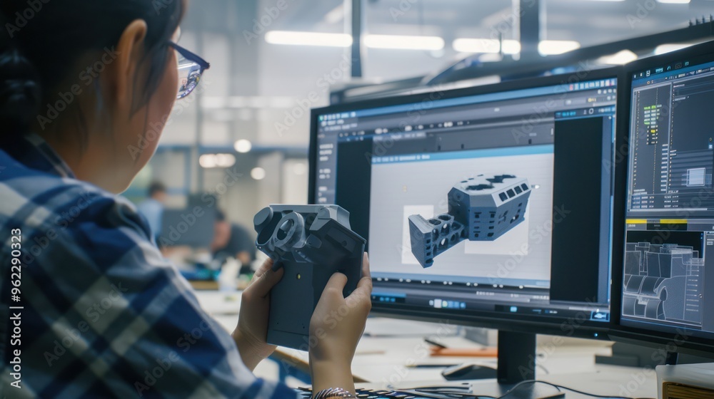 Obraz premium Engineer Inspecting 3D Printed Model