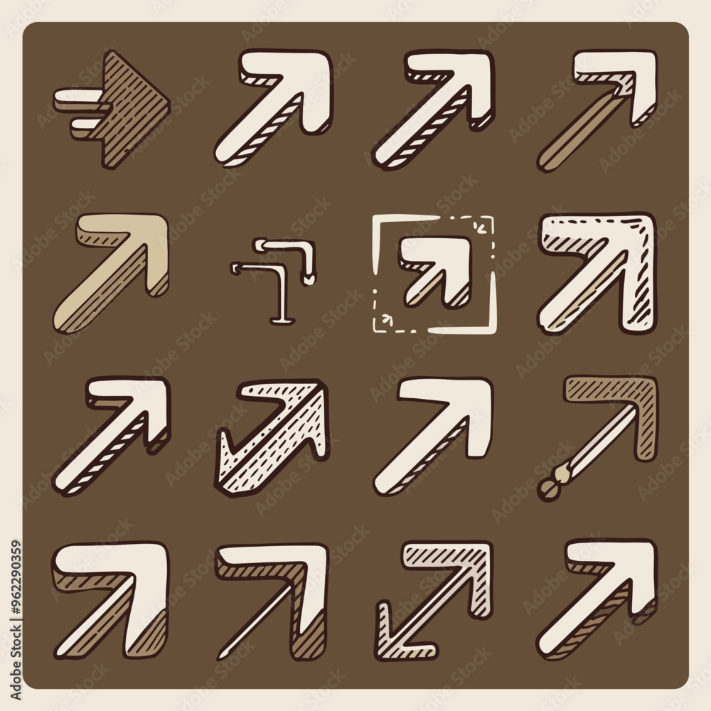 A collection of hand-drawn arrow icons in various directions, set on a brown background. A collection of hand-drawn arrow icons in various directions, set on a brown background.
