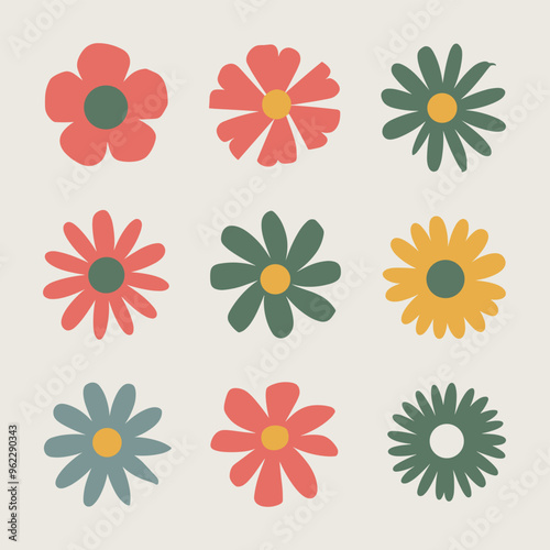 Colorful abstract flower illustrations in shades of red, yellow, green, and blue against a light background.