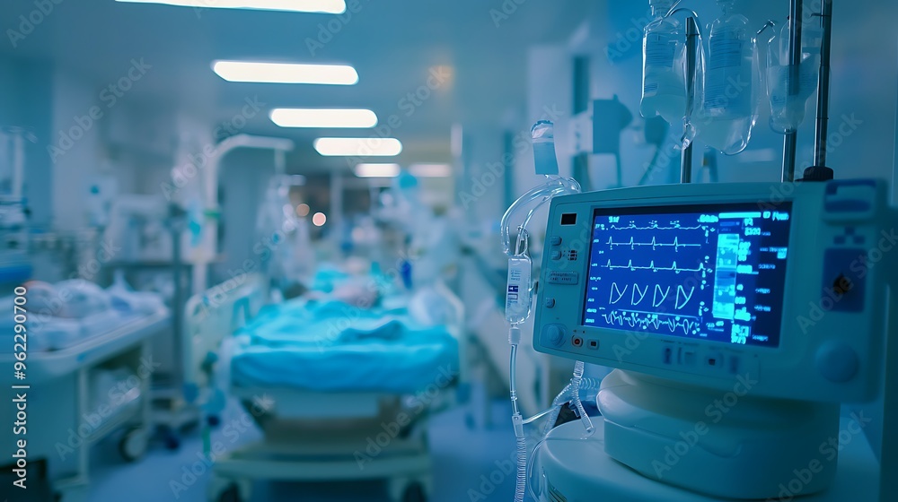 Modern Medical Monitoring System Displaying Vital Health Data in a Clinical Setting Modern Medical Monitoring System Displaying Vital Health Data in a Clinical Setting