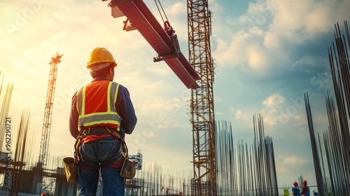 onstruction worker in a hard hat operating a crane at a busy building site, copy space  