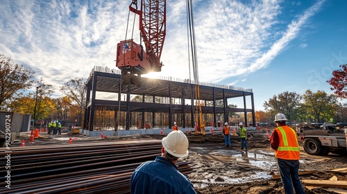 onstruction worker in a hard hat operating a crane at a busy building site, copy space   photo