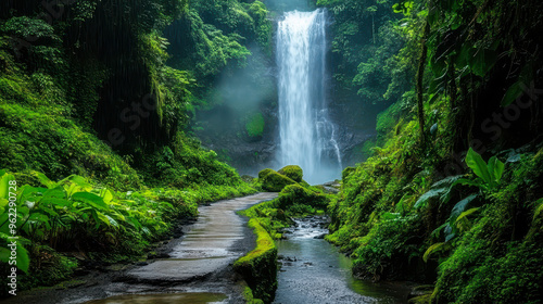 Enchanting Tropical Rainforest Road Leading to Hidden Waterfall, Nature Adventure, Lush Greenery, Serene Atmosphere, Hiking Trail, Misty Fall, Scenic Wilderness, Exotic Travel Destination
