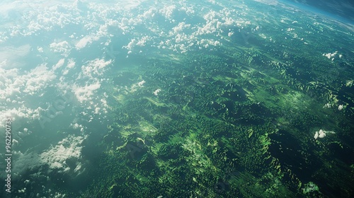  Earth viewed from space, featuring cloudy skies, lush vegetation, and azure backdrop