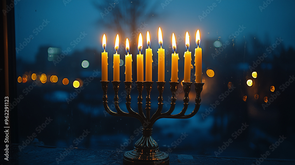 Fototapeta premium A close-up of glowing Hanukkah candles burning in a menorah, set on a window sill with a view of the night outside, creating a peaceful and reflective holiday moment.