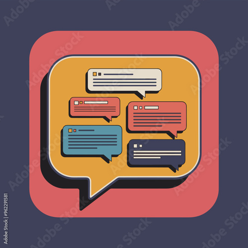 Colorful speech bubbles representing social media interactions on a retro-styled app icon background.