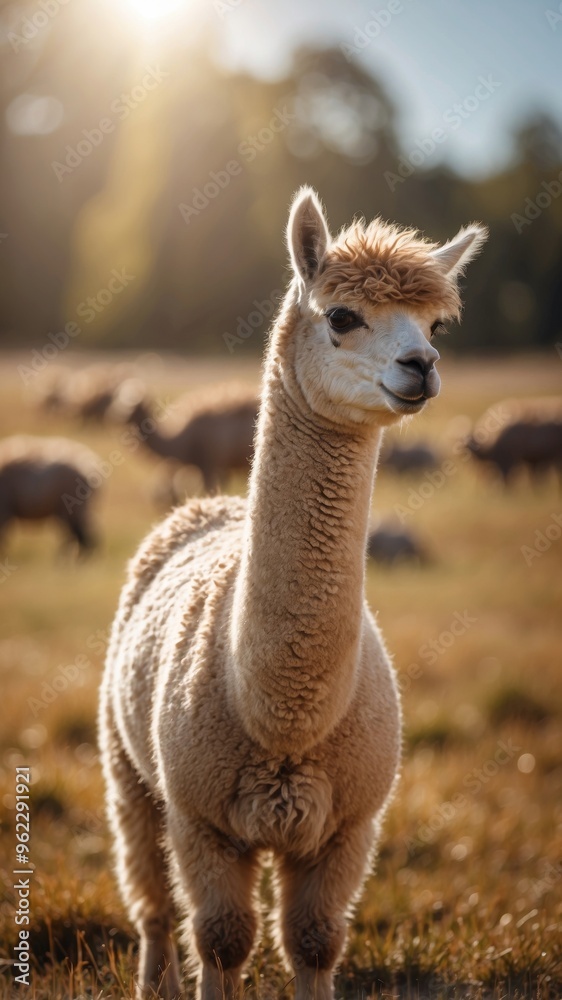 Naklejka premium Gentle and Fluffy Alpaca Standing in Sunlit Meadow Wildlife Concept with Copy Space.