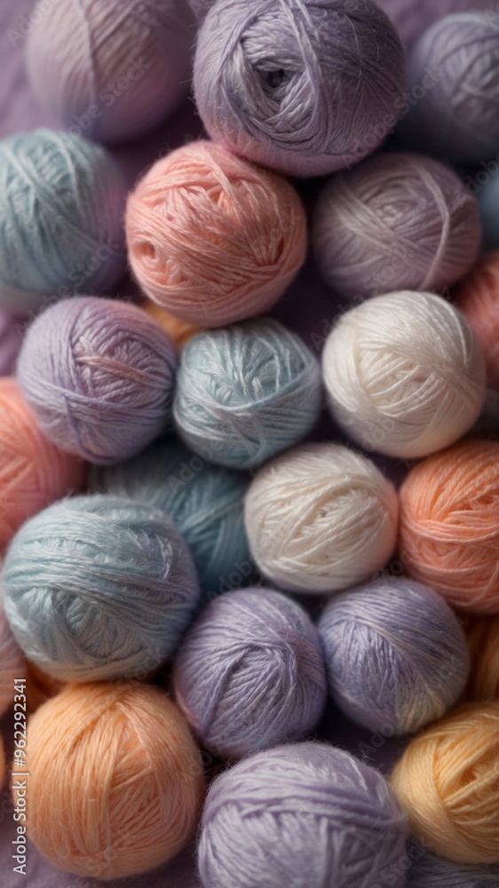 Bright Wool Yarn Balls Arranged on a Pastel Lavender Background.