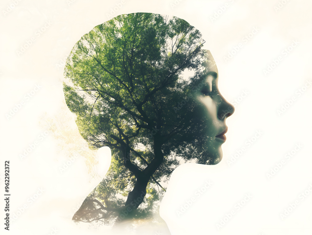 Double Exposure Silhouette of Human Head with Growth Elements Double Exposure Silhouette of Human Head with Growth Elements
