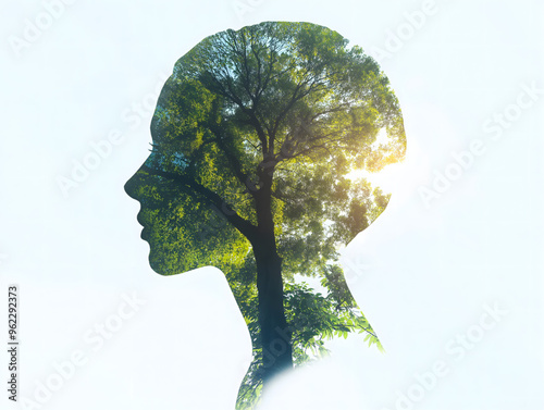 Double Exposure Silhouette of Human Head with Growth Elements