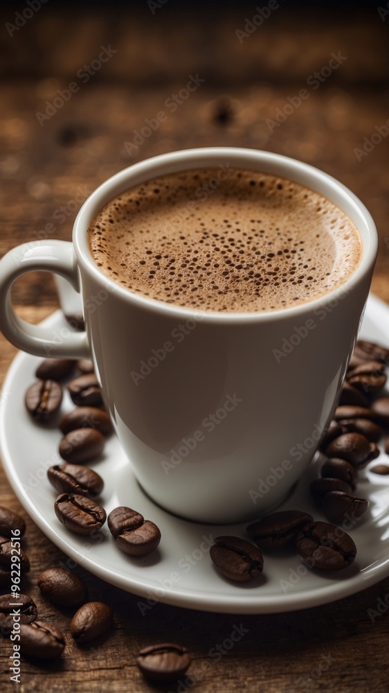 Cup of coffee with coffee beans on rustic background. Cup of coffee with coffee beans on rustic background.