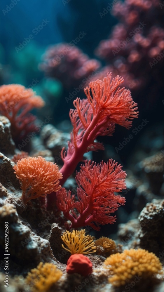 Fototapeta premium Close up of a beautiful red tropical coral reef deep under the sea.