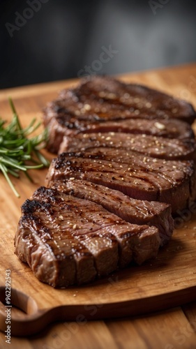 Grilled steak slices on a wooden cutting board. photo