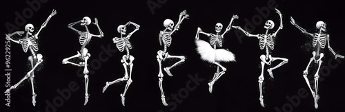 Halloween Dancing Spooky Skeletons in Halftone Pattern