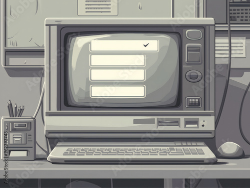 Old Computer in 8-Bit Retro Video Game Style photo