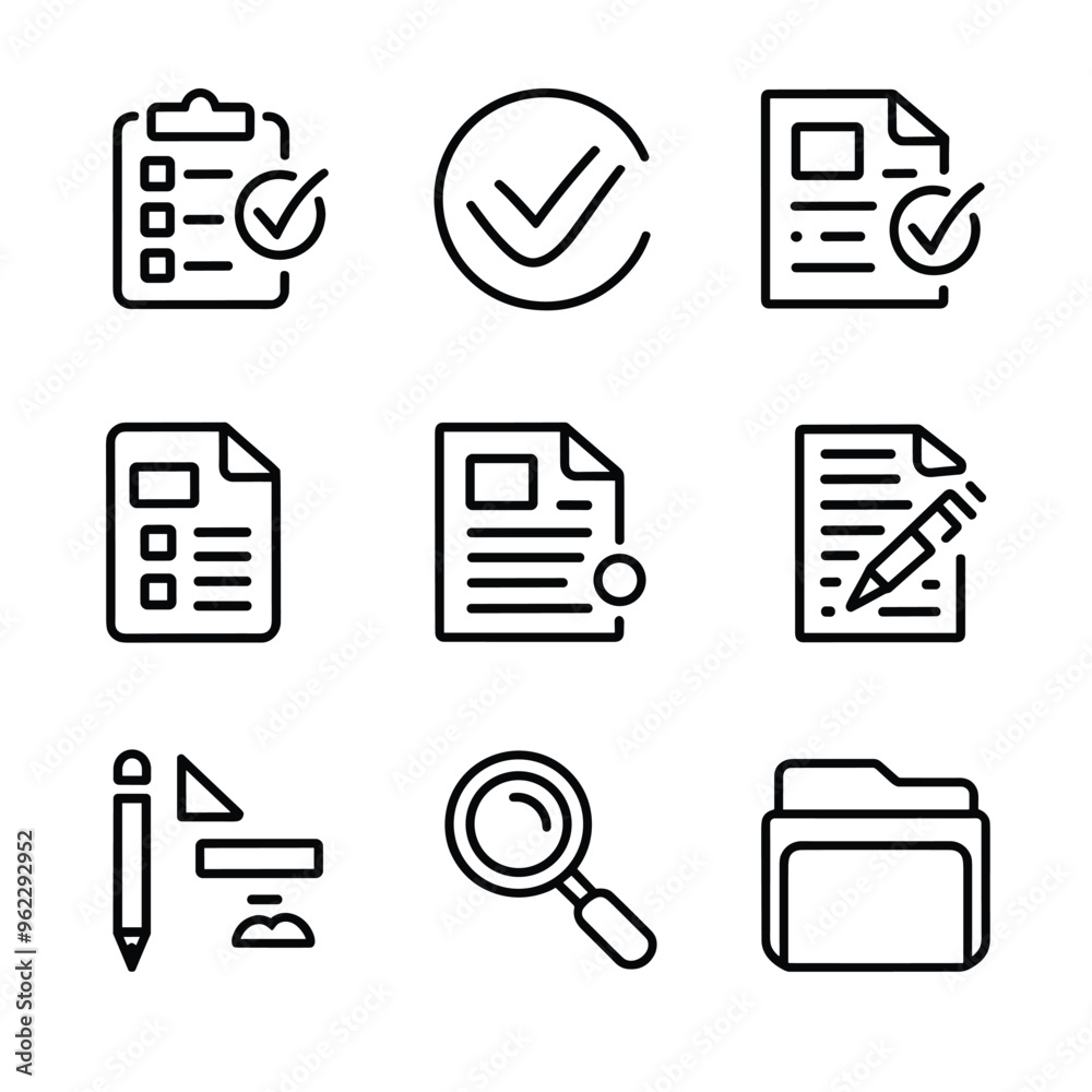 Set of black and white icons, including checklists, documents, writing ...