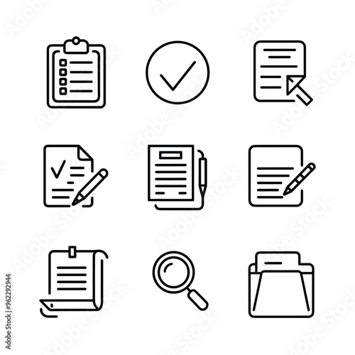 A set of outlined icons representing clipboard, checkmark, documents, magnifying glass, and folder.