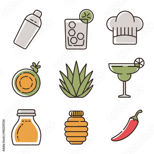 A set of drink and food-related icons including a shaker, cocktail, chef hat, agave plant, sauces, and chili pepper.