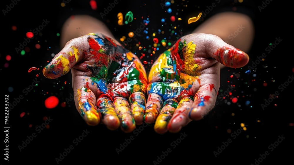 Obraz premium Hands Covered in Vibrant Paint with Splashes on Black Background