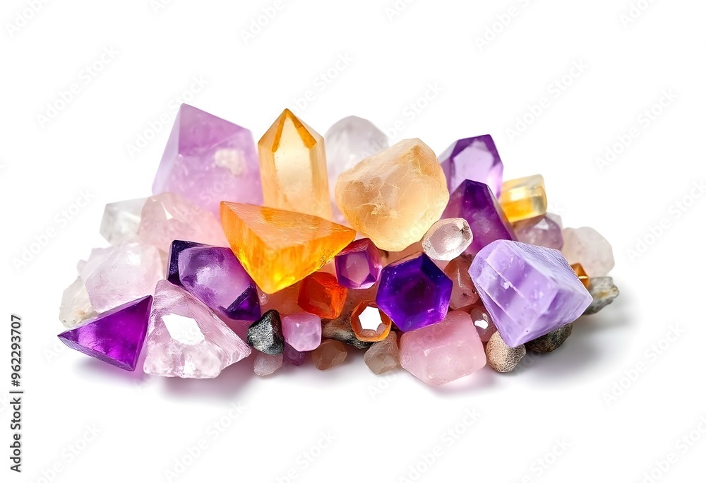 colorful crystals, including amethyst and citrine, displayed on a pristine white background create with ai colorful crystals, including amethyst and citrine, displayed on a pristine white background create with ai