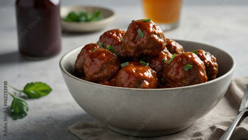 A bowl of savory meatballs with sauce on a light background, with space for text or design. A bowl of savory meatballs with sauce on a light background, with space for text or design.