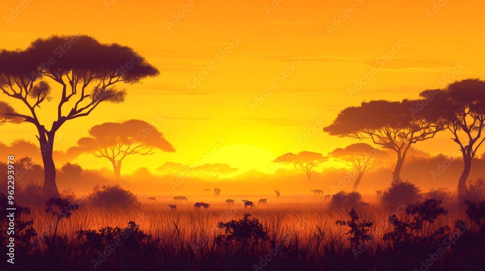 Fototapeta premium Silhouettes of trees and animals in a field at sunset.