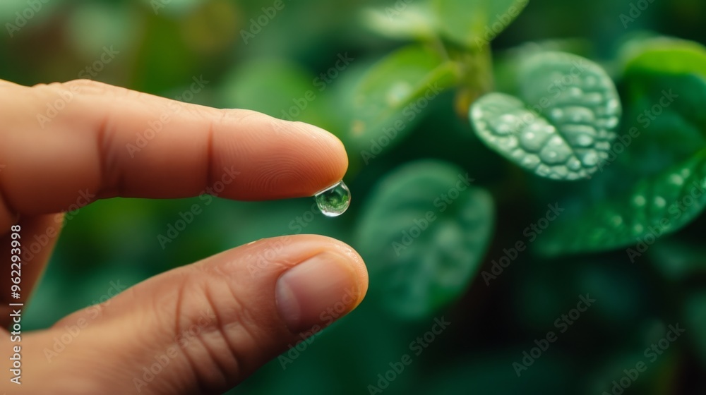 Two fingers gently hold a delicate dew drop in front of a lush green background. This image captures the fragility of nature and the careful interaction between humans and the natural world. Two fingers gently hold a delicate dew drop in front of a lush green background. This image captures the fragility of nature and the careful interaction between humans and the natural world.