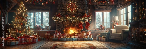 Festive Christmas celebration with Santa Claus by a cozy fireplace in a decorated living room