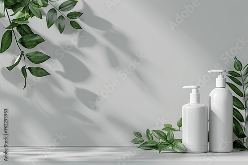 Minimalist Product Mockup with White Bottles and Green Leaves