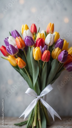 Beautiful bouquet of colorful tulips tied with a white ribbon. photo