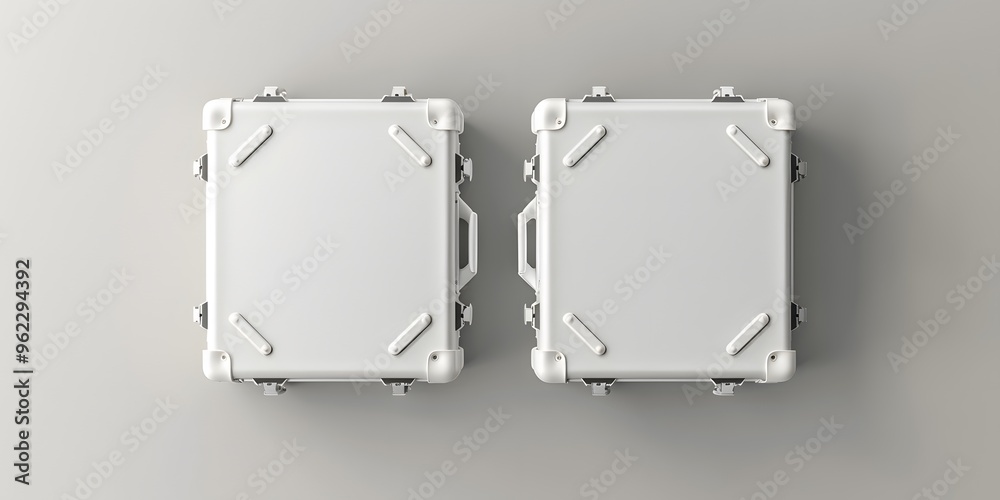 An 3D render from a top view of two white travel suitcases on a neutral background. An 3D render from a top view of two white travel suitcases on a neutral background.