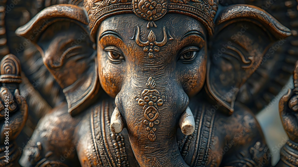 Close Up of Detailed Ganesha Statue with Intricate Carvings Close Up of Detailed Ganesha Statue with Intricate Carvings