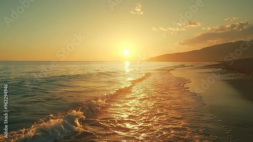   The sun sets over the ocean as a beach and distant mountain are visible in the foreground and background respectively
