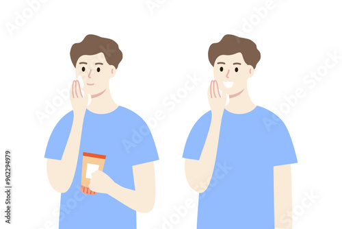 Man applying lotion cream on face. Happy man with smooth clean skin. Beauty, cosmetic, skincare, treatment, lifestyle, cleansing, hygiene concept. Flat character vector design illustration. 